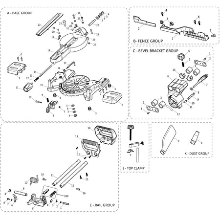 Evolution R185SMS-Li Sliding Miter Saw Spare Parts (Head Section)