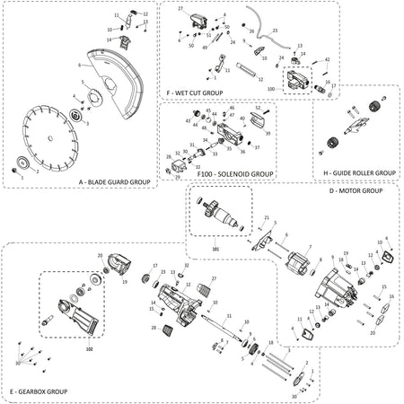 Evolution R14DCT Concrete Saw Spare Parts (Head and Base Sections)