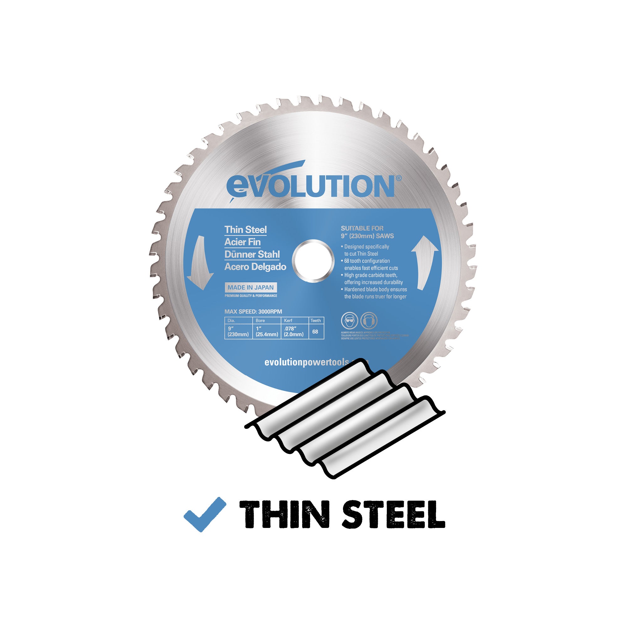 Evolution 230BLADETS | 9 in. | 68T | 1 in. Arbor | Thin Steel and Ferrous Metal TCT Blade