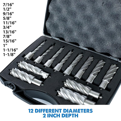 Evolution 12pc 2 in. Depth Annular HSS Mag Drill Cutter Set 7/16 To 1-1/8 in. With 3/4 in. Weldon Shank