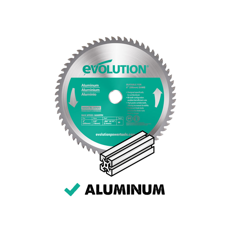 Evolution 8 in. 60T, 20mm. Arbor, Tungsten Carbide Tipped Aluminum and Non-Ferrous Metal Cutting Blade