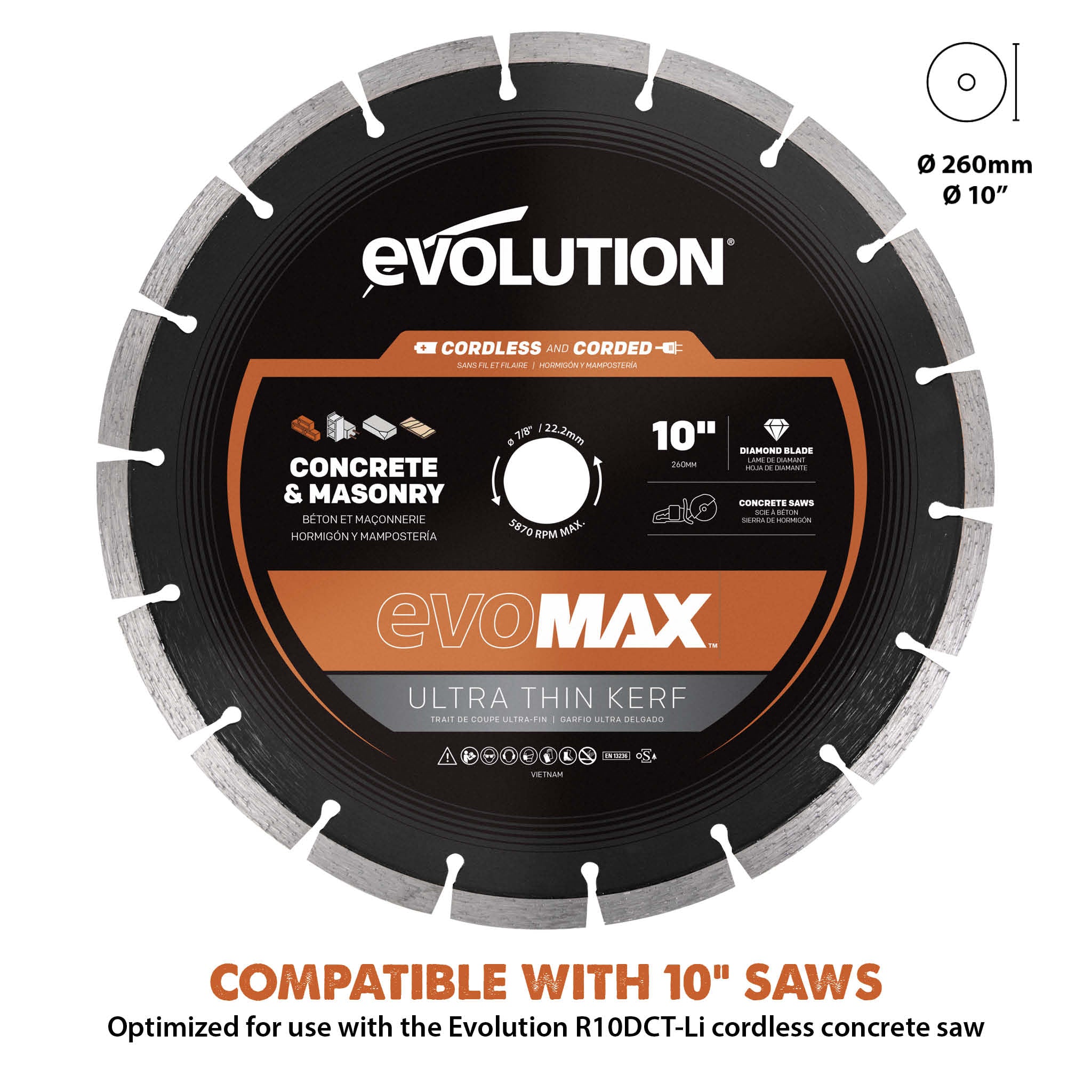 Evolution EVOMAX 10 In. Cordless Specific, Premium Diamond Ultra Thin kerf Blade