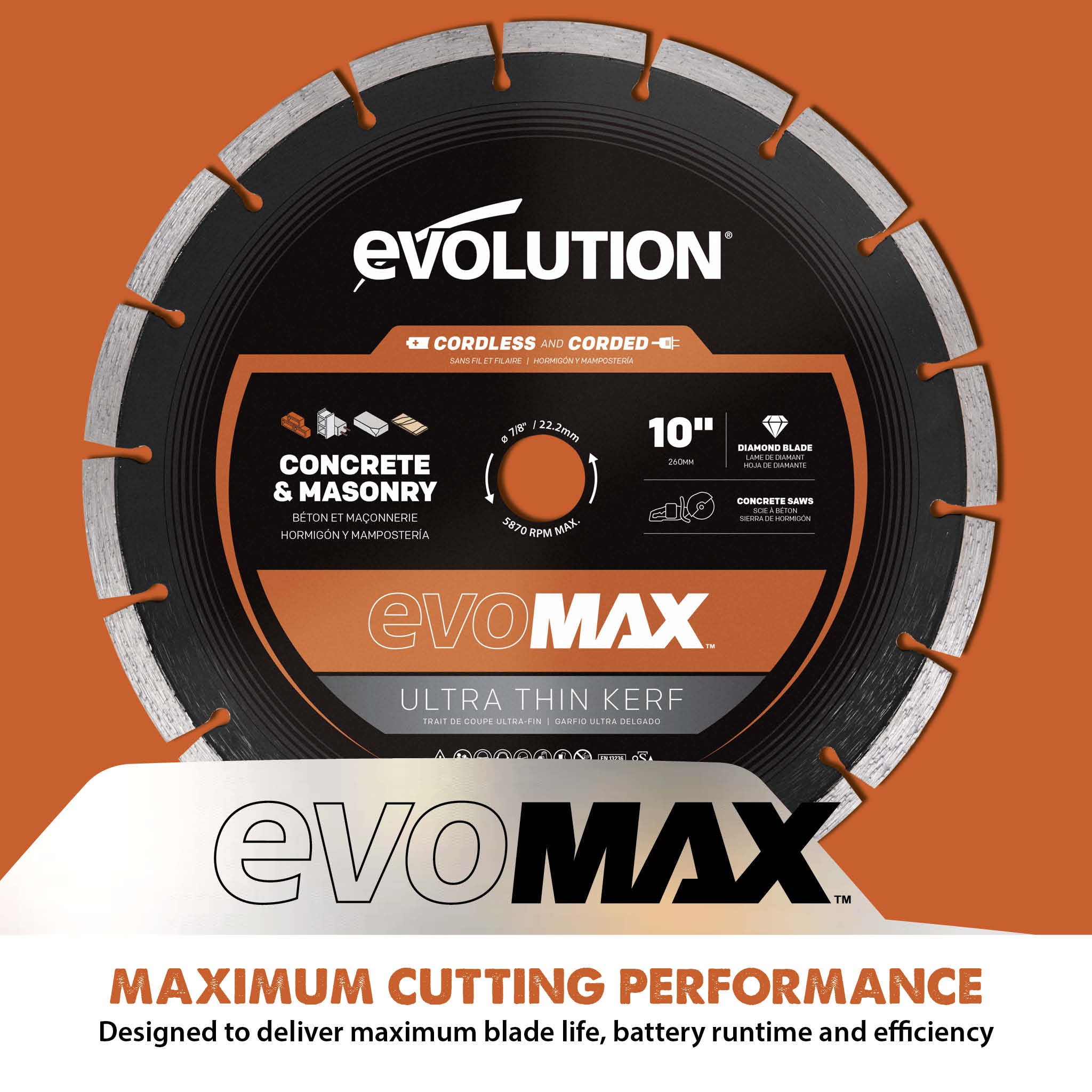 Evolution EVOMAX 10 In. Cordless Specific, Premium Diamond Ultra Thin kerf Blade