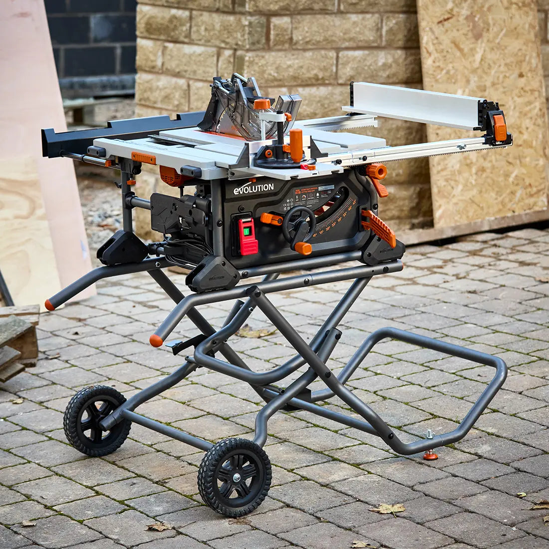 Evolution R10TBLX Multi-Material Table Saw with Wheeled Scissor Stand | 10 in. Multi-Material Cutting Blade