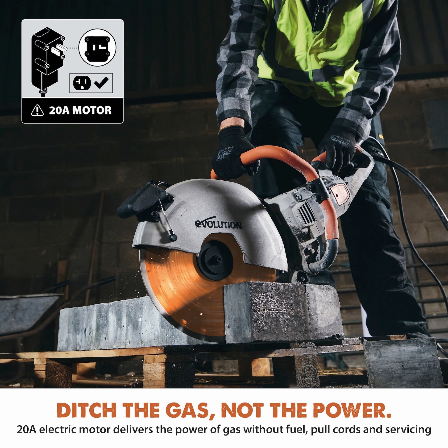 Evolution R14DCT | 14 in. | 20A Plug | Electric Concrete Saw | Water Fed Dust Suppression | Premium Diamond Blade Included