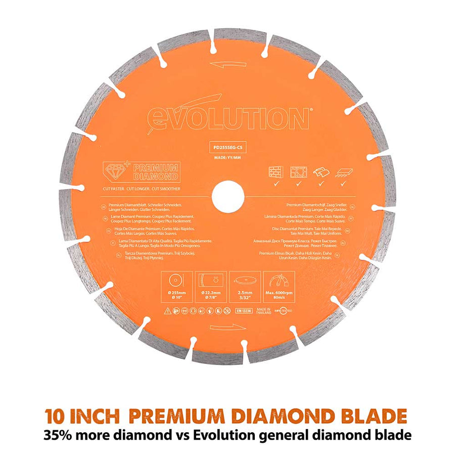 Evolution PD255SEG-CS | 10 in. | 7/8 in Arbor | High Diamond Concentration | Segmented Premium Diamond Blade