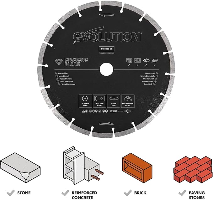 Evolution D255SEG-CS | 10 in. | Segmented Edge | 7/8 in. Arbor | Concrete, Stone, Brick Cutting Diamond Blade