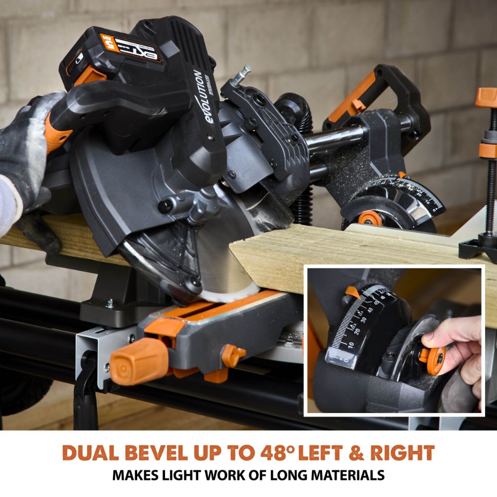 Evolution Cordless R255SMS-DB-Li: Dual Bevel Sliding Miter Saw With 10 in. Multi-Material Blade