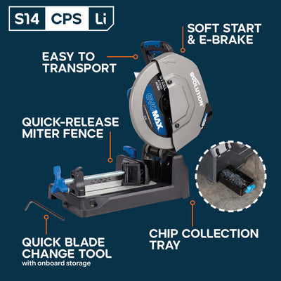 Evolution S14CPS-Li: Cordless 14 in. Metal Cutting Chop Saw with 40V Brushless Motor & EVOMAX Blade