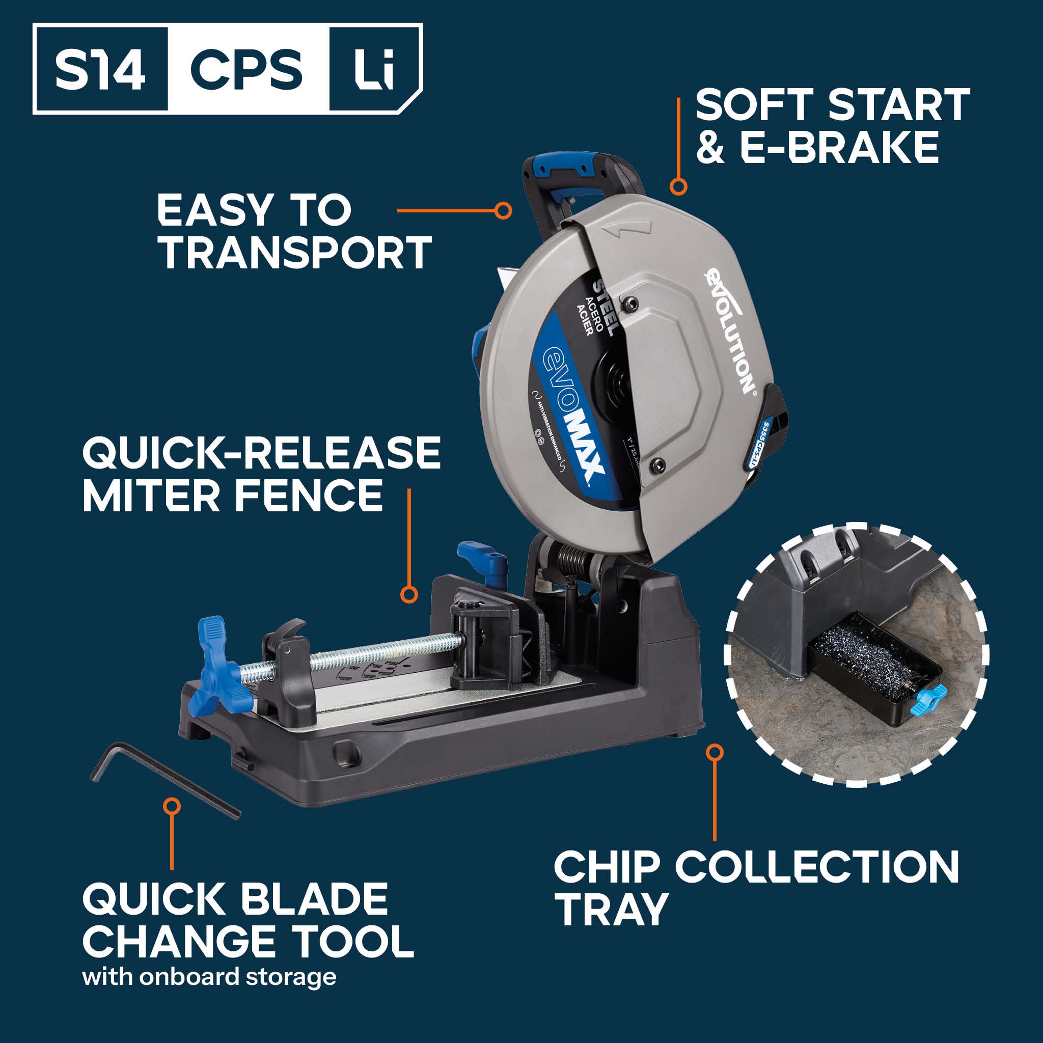 Evolution S14CPS-Li: Cordless 14 in. Metal Cutting Chop Saw with 40V Brushless Motor & EVOMAX Blade