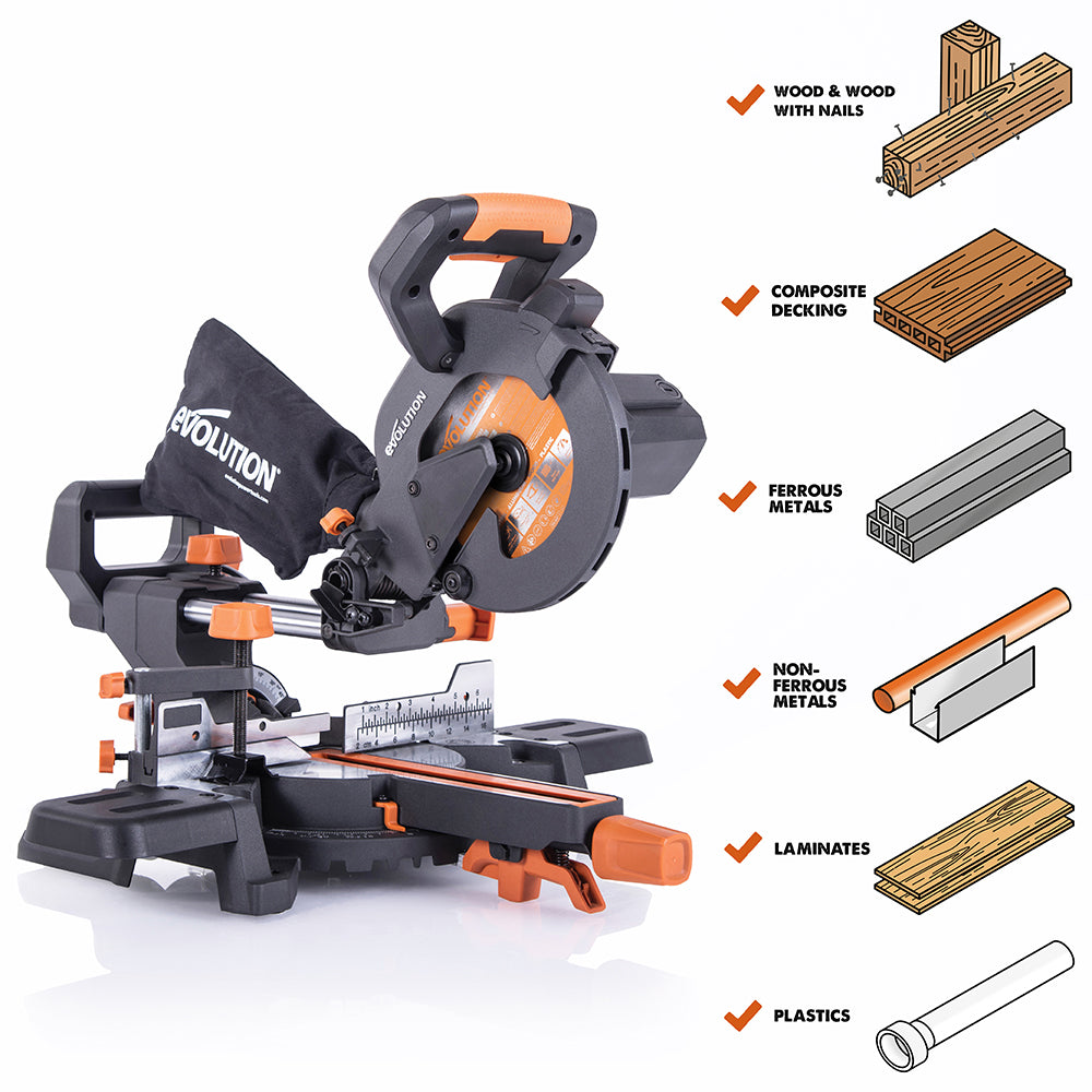 Evolution R185SMS+: Single Bevel Sliding Miter Saw With 7-1/4 in. Multi-Material Cutting Blade