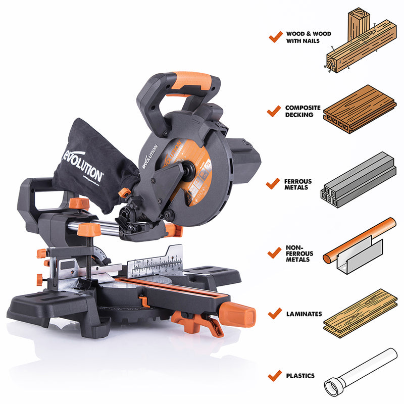 R185SMS+: Sliding Miter Saw With 7-1/4 in. Multi-Material Cutting Blade - Evolution Power Tools LLC