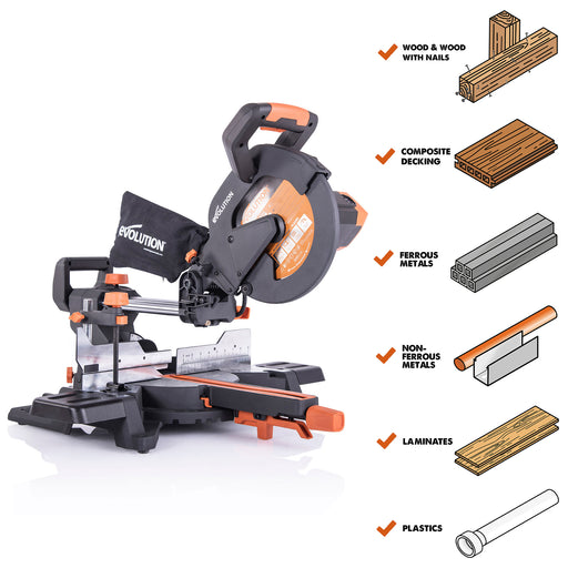 R255SMS+: Sliding Miter Saw With 10 in. Multi-Material Cutting Blade - Evolution Power Tools LLC