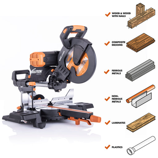 R255SMS-DB+: Dual Bevel Sliding Miter Saw With 10 in. Multi-Material Cutting Blade - Evolution Power Tools LLC