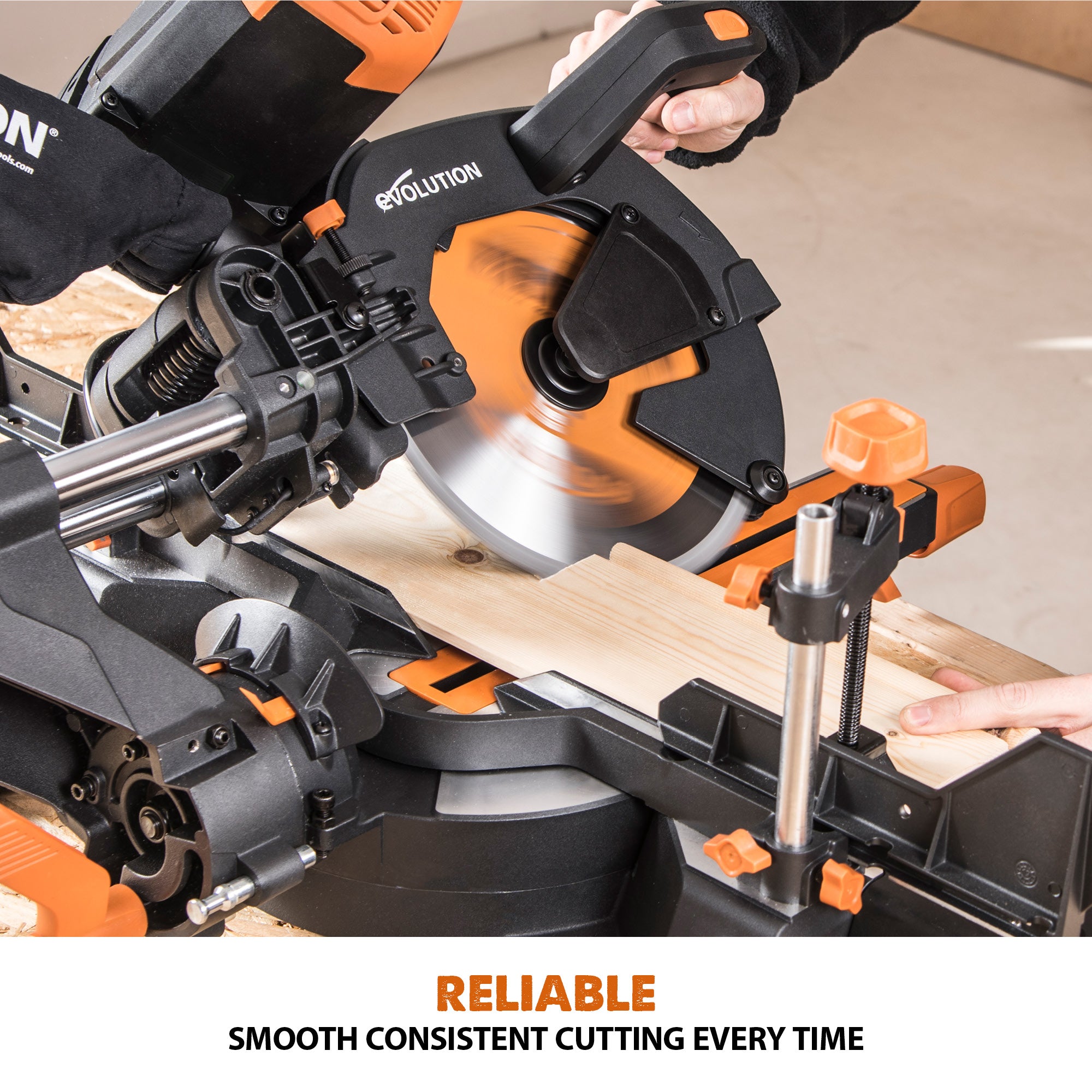 Evolution R255SMS-DB+: Dual Bevel Sliding Miter Saw With 10 in. Multi-Material Cutting Blade