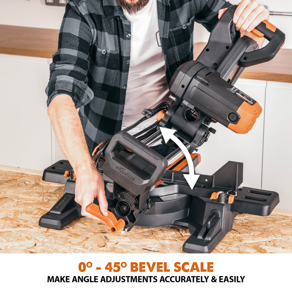Evolution Power Tool R255SMS Compound Verstekzaag met Multi-Materiaal Zaagblad, Voor Hout, Metaal en Kunststof, 45° Beitel, 50° Verstekhoek, 300 mm Glijfunctie, 2000 W, 255 mm, 220-240 V Evolution Power Tool R255SMS Compound Verstekzaag met Multi-Materiaal Zaagblad, Voor Hout, Metaal en Kunststof, 45° Beitel, 50° Verstekhoek, 300 mm Glijfunctie, 2000 W, 255 mm, 220-240 V