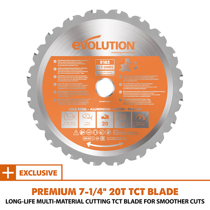 Evolution Power Tools EVOSAW185 Chop Saw TCT Steel Cutting 7-1/4 Inch With  Mild Steel Blade (AKA Metal Cutting Saw, Cut Off Saw) 