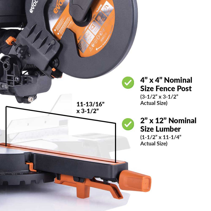 Evolution R255SMS-DB+: Dual Bevel Sliding Miter Saw With 10 in. Multi-Material Cutting Blade
